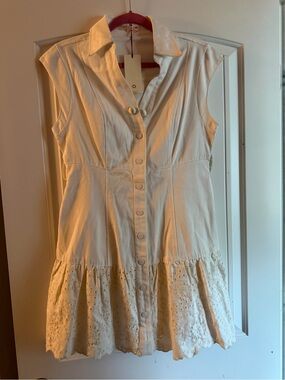 Tuckernuck Solitaire white denim button down dress with eyelet cream ruffle trim